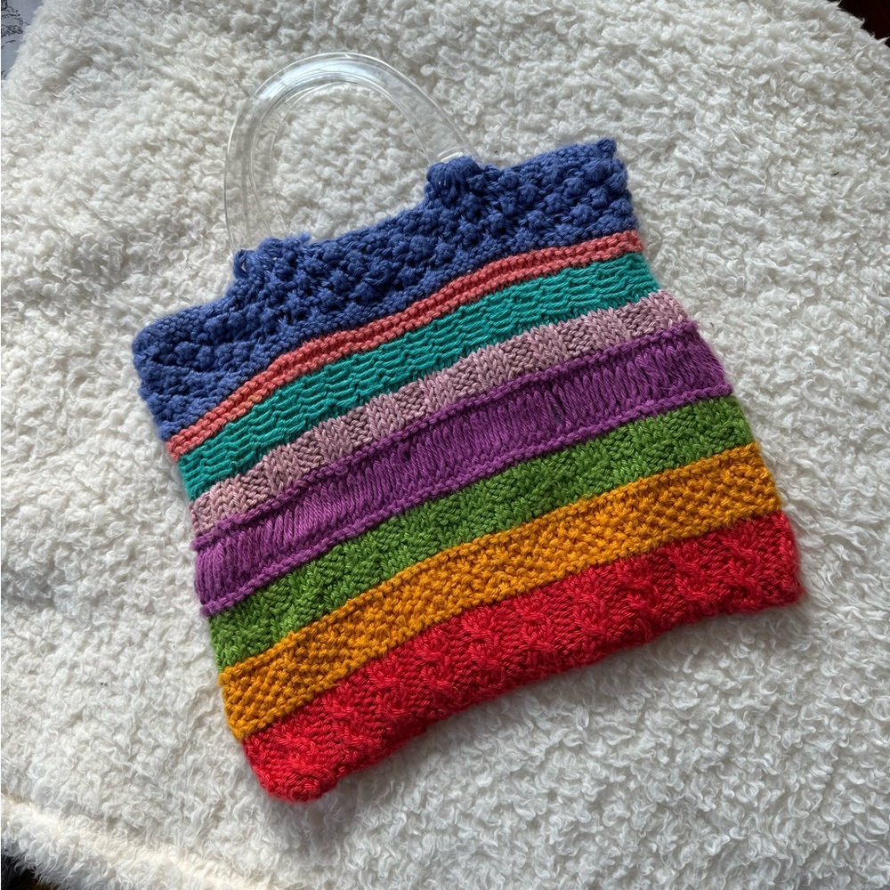 Colorful Striped Knit Handbag with Clear Handle
